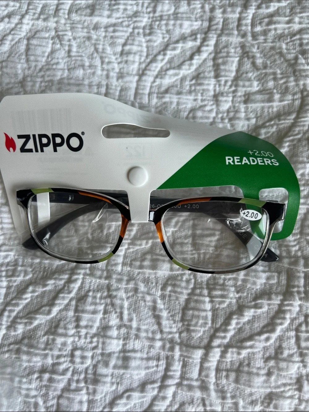 Zippo Striped Frame Reading Glasses +2.00 in Black, Orange, and Green